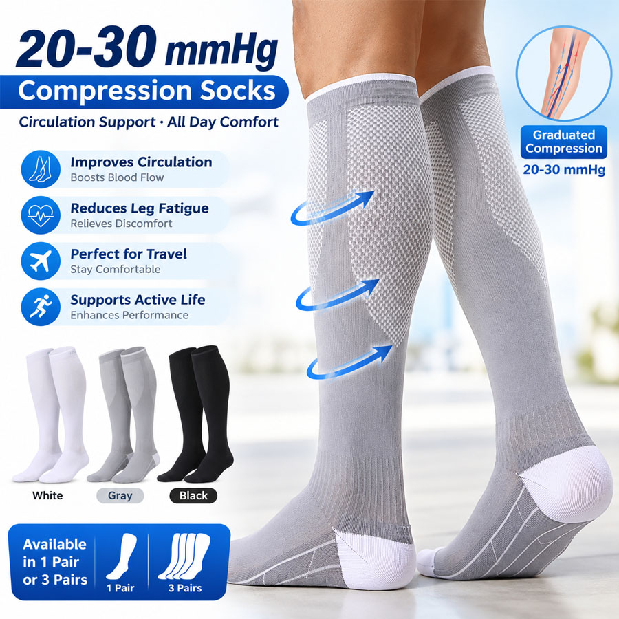 Compression Sleeve Calf - 3/1 Çift 20-30mmHg Kompresyon Çorapları, Dolaşım